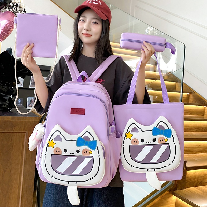 Four-piece schoolbag set, cartoon for girls, durable backpack for primary school students, high appearance level, cute cat for girls, junior high school student backpack full figure