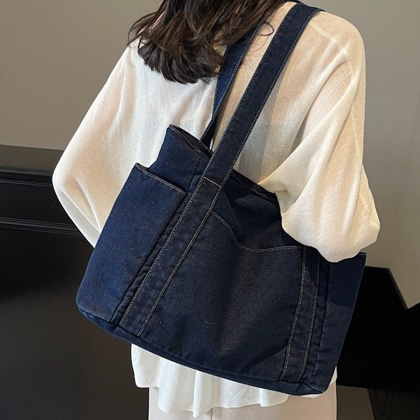 Washed denim large bag for women, 2024 new winter versatile commuter tote bag, workwear style retro underarm bag details Picture