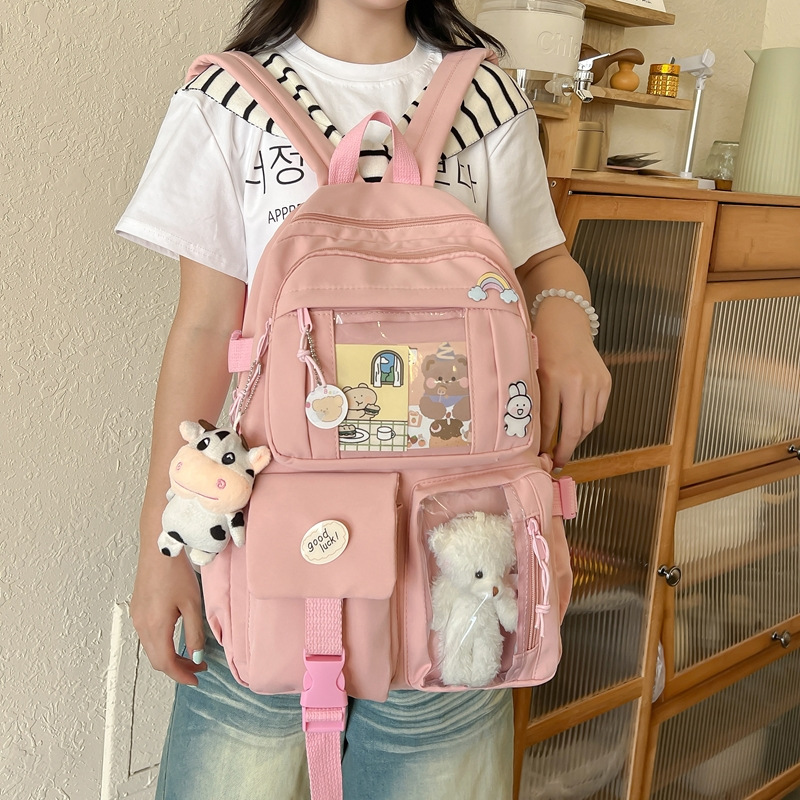 Retro canvas solid-color, fresh and light backpack, casual student schoolbag, female junior high school student, large-capacity college student backpack details Picture