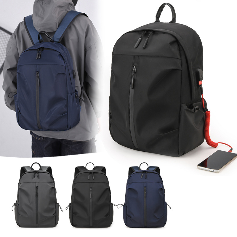 Casual men's backpack, trendy solid color, large-capacity student schoolbag, multi-functional water-resistant business travel backpack details Picture
