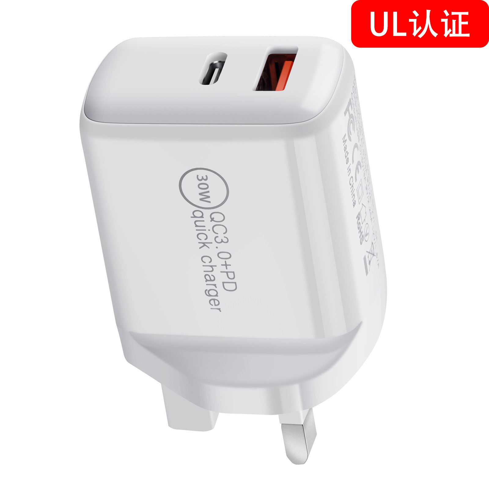 CE certified PD charger 30W dual-port A+C, US-standard CE certified PD adapter 30W foldable pin PD direct charging Specification drawing