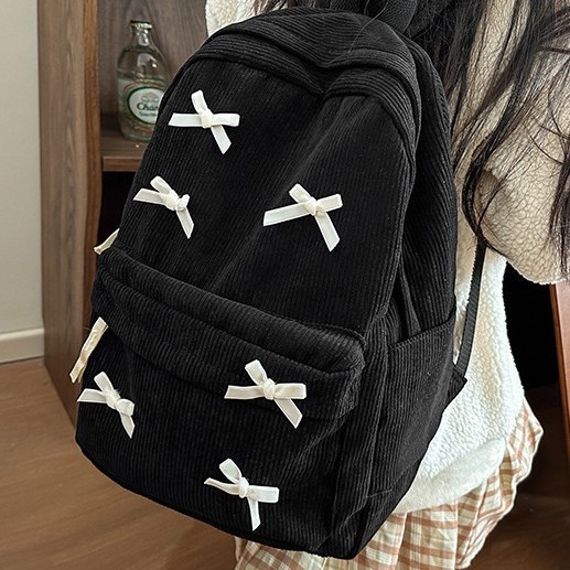 Cute, fresh and sweet bow schoolbag, large-capacity backpack for girls, corduroy backpack for middle and high school students details Picture