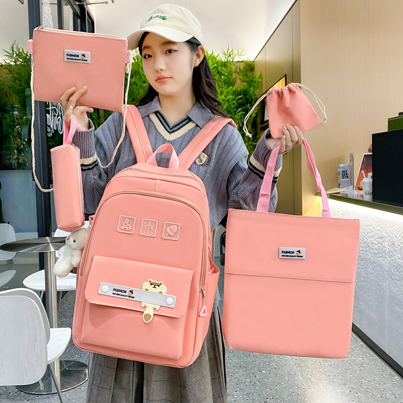 Cross-border spot wholesale of simple and versatile solid-color student schoolbags, large-capacity casual backpacks for women, five-piece sets of backpacks Specification drawing