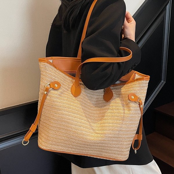 Simple woven bags, new summer casual large bags, vacation beach bags, color-blocking single-shoulder bags, hand-carry commuter tote bags full figure