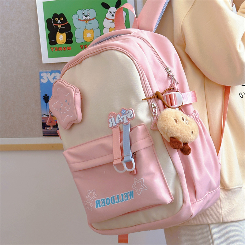 College-style girl's schoolbag in Korean style, versatile for junior and senior high school students, color-matched backpack, large-capacity travel backpack for girls details Picture