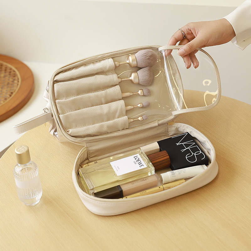 Double-layer cloud thickened steel wire makeup bag, fashionable and portable cosmetics storage bag, large-capacity travel toiletries bag Specification drawing