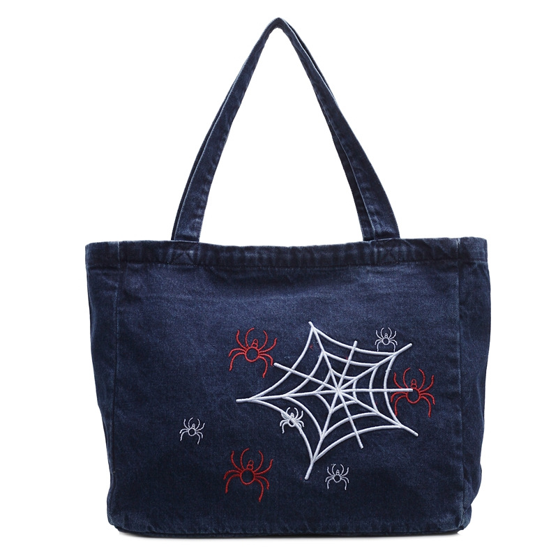 New embroidered denim bag, large capacity, fashionable and versatile canvas, casual commuting and travel denim handbag Item Picture