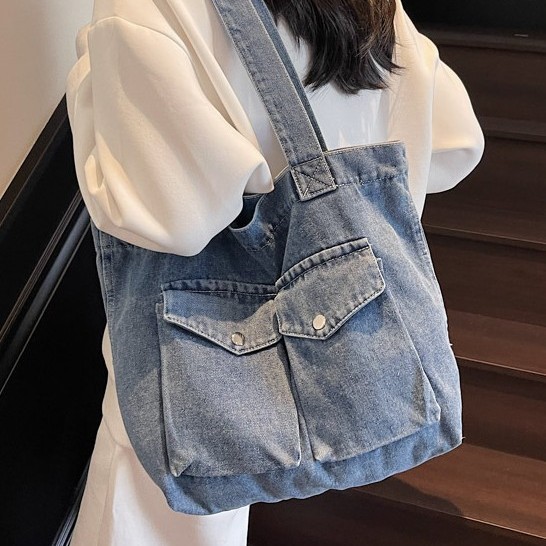 Denim canvas bag, Japanese-style large-capacity, relaxed commuting tote bag, college student class bag, schoolbag, single-shoulder bag Specification drawing