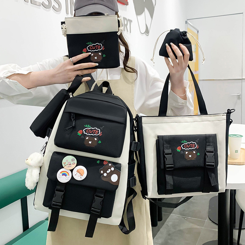 New casual backpack, cute schoolbag for primary and junior high school students, simple five-piece backpack set in Harajuku on Instagram Application Scenario
