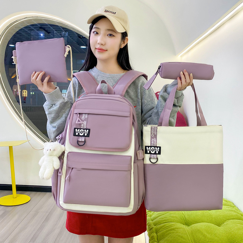 Large-capacity four-piece set, durable student backpack, junior and senior high school schoolbag, simple and versatile backpack for girls to go out and relax full figure