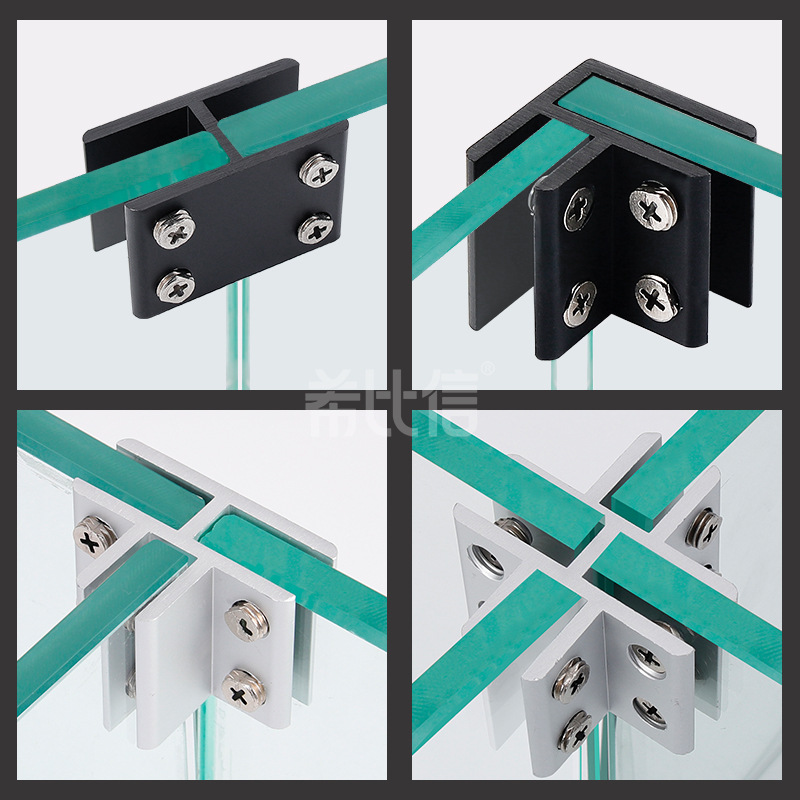 Space aluminum glass clamp, non-perforated layer plate clamp bracket, 90-degree and 180-degree black partition plate combination type fixation Specification drawing
