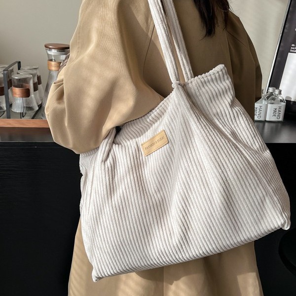 New Korean version student handbag, corduroy bag, single-shoulder bag, tote fabric bag, large-capacity student commuting bag for class Specification drawing
