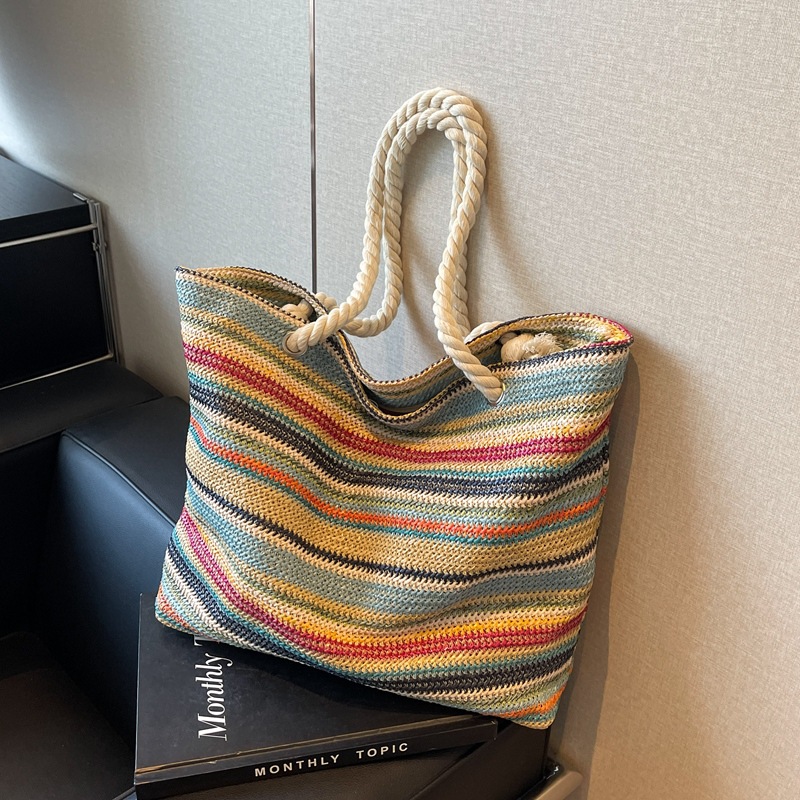 Summer striped straw woven bag for women, 2024 new style, trendy and fashionable, large-capacity commuter shoulder bag, color-blocking tote bag Specification drawing