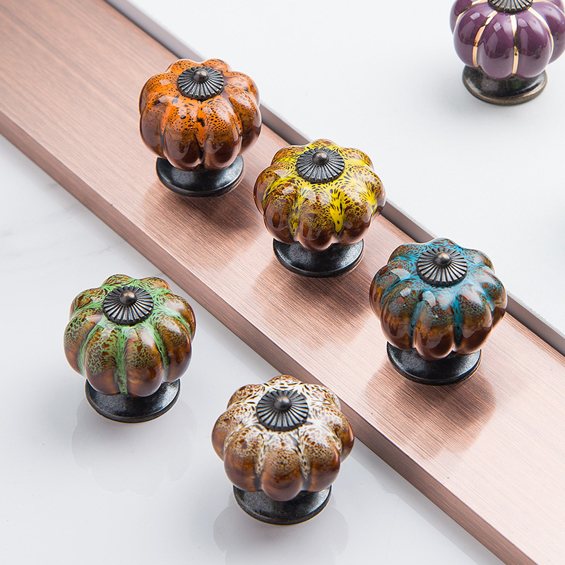 Ceramic handle pumpkin leopard print handle, wardrobe cabinet, shoe cabinet door handle, European and American style ceramic retro export handle details Picture