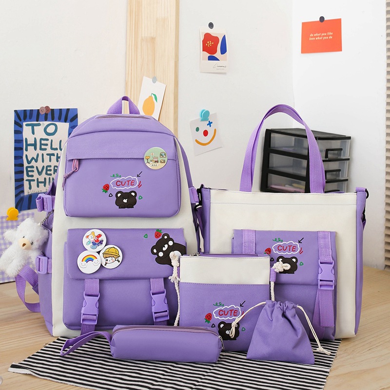 New casual backpack, cute schoolbag for primary and junior high school students, simple five-piece backpack set in Harajuku on Instagram details Picture