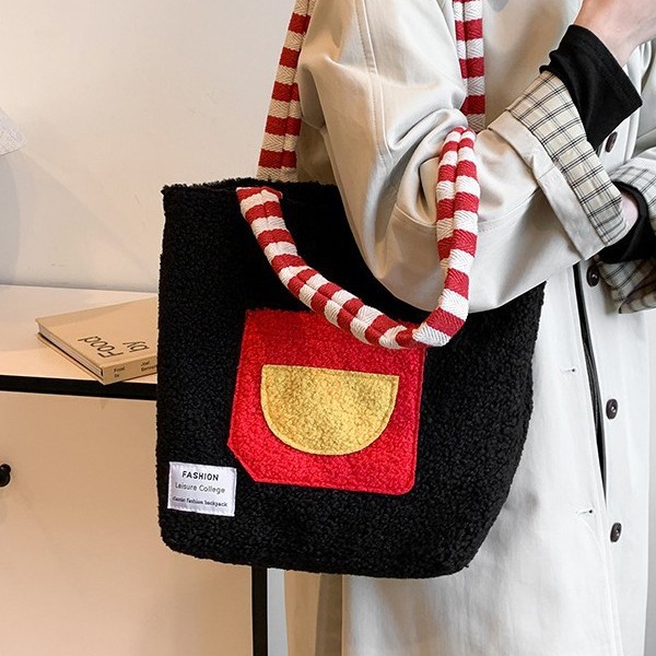 Fashionable new autumn and winter patchwork bags, cute student bags, single-shoulder bags, color-blocking plush bags, large-capacity bags details Picture