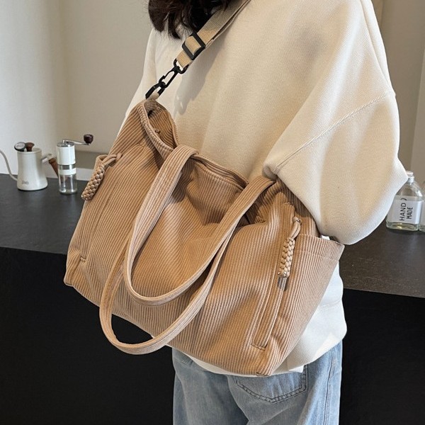 2024 New crossbody bag, corduroy fabric, commuter large-capacity tote bag, student class single-shoulder bag, hand-held schoolbag details Picture