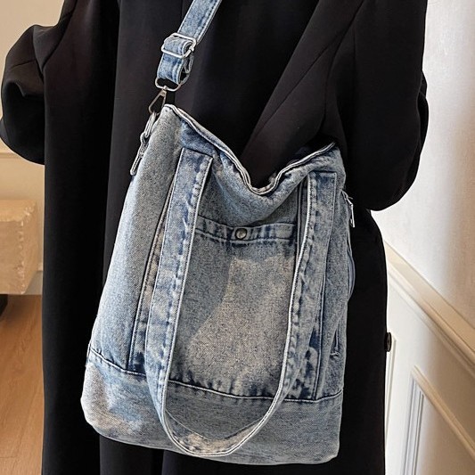 Cross-border washed denim tote bag for women's 2024 autumn new large-capacity casual single-shoulder crossbody bag Specification drawing
