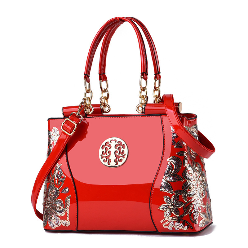 Chinese-style embroidered women's patent leather bag 2022 new single-shoulder large-capacity handbag, cross-border export shiny leather women's bag Item Picture