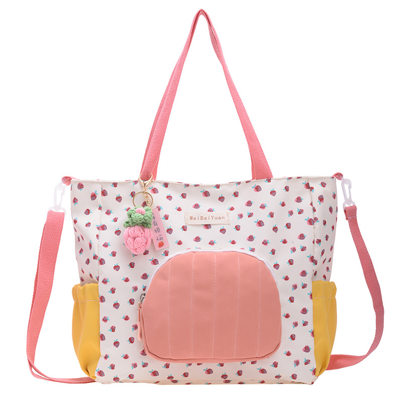 Strawberry-printed single-shoulder bag, cute girl student, light and sweet tote bag, class crossbody bag, large-capacity schoolbag Item Picture