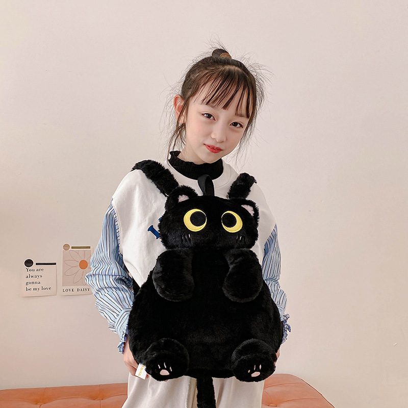 Cute Siamese cat backpack, plush cartoon double back, large capacity black cat, elegant and cute backpack, crossbody bag details Picture