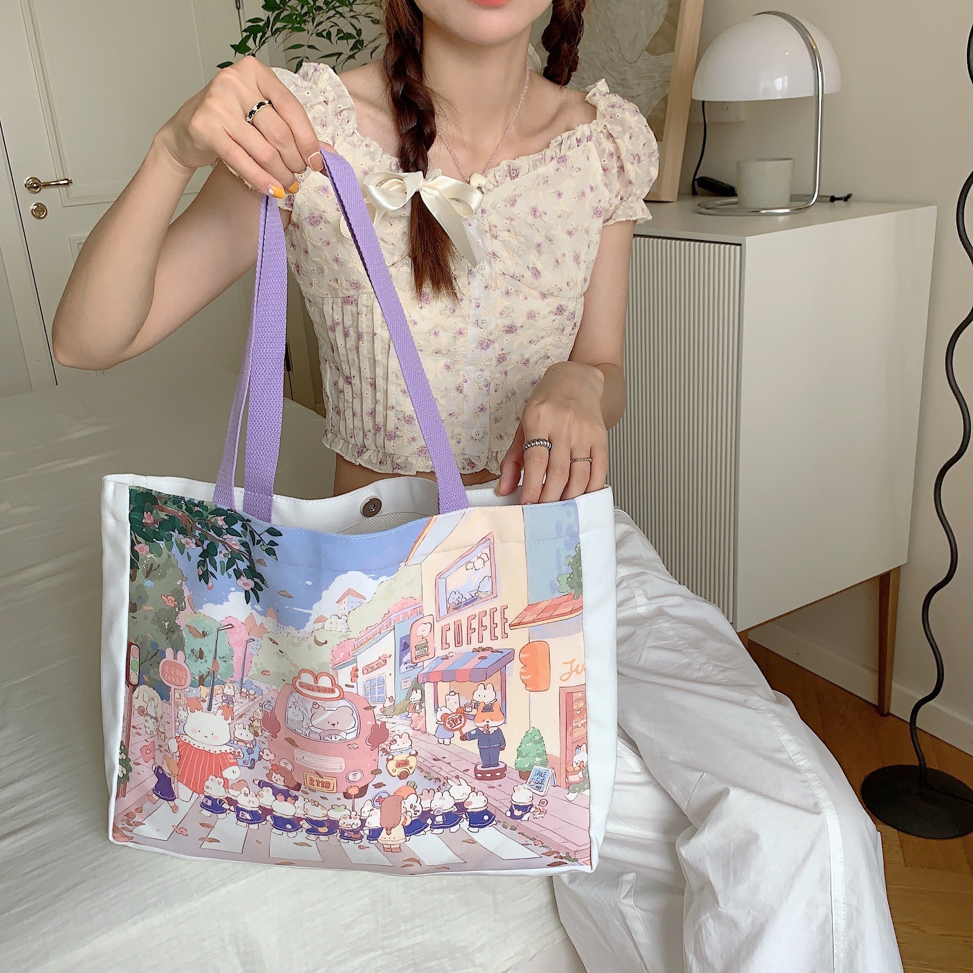 3852 Lady Canvas bag, large capacity, cute cartoon print, versatile shoulder bag, casual bag, simple tote bag Specification drawing