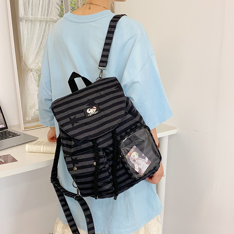 Functional Star double-shoulder retro striped and niche checkered backpack, new Korean schoolbag, versatile and large-capacity backpack details Picture