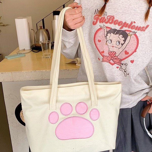 New large-capacity cartoon hand-held canvas shoulder bag, single-shoulder bag, storage bag, cute cartoon cat paw handbag for girls Specification drawing