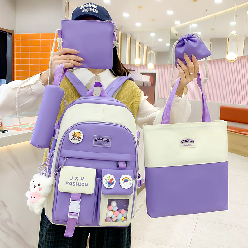 Five-piece set of Korean-style color-blocked and fresh school schoolbag, large-capacity nylon tutorial bag, backpack for primary and secondary school students, girls full figure