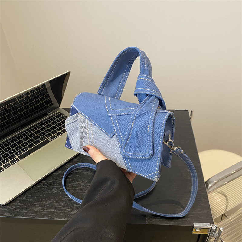 Denim patchwork, personalized and trendy crossbody bag for women, 2024 new commuter hand-held Korean-style casual single-shoulder small square bag, trendy full figure