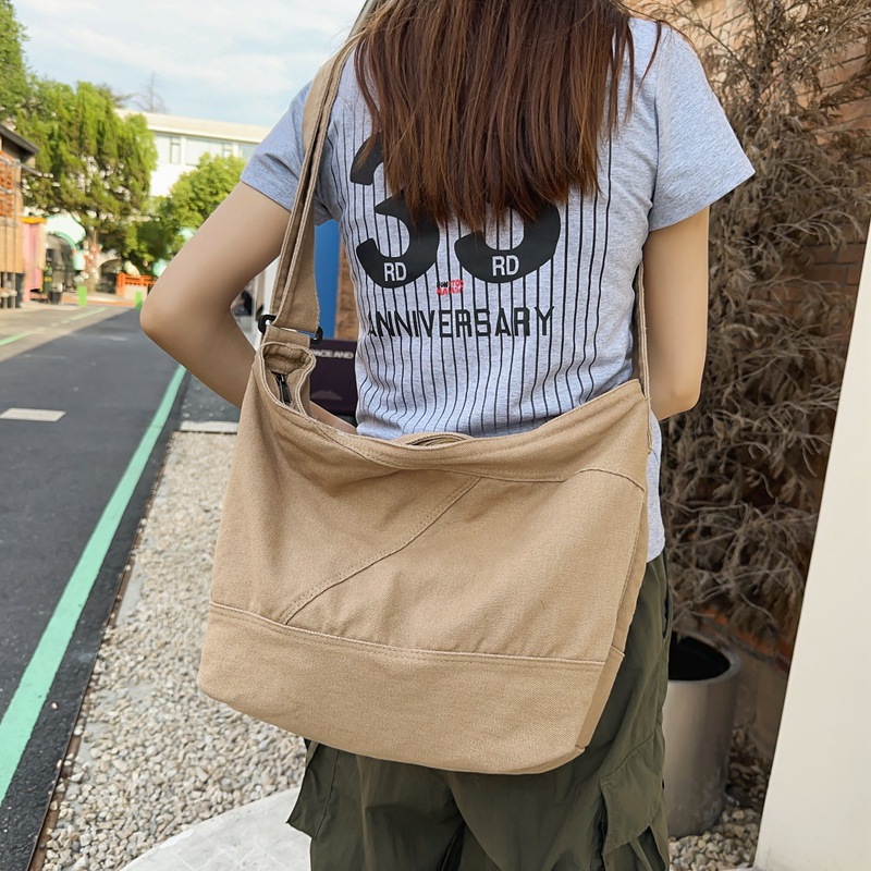 Canvas bag, Japanese and Korean style, artistic college student single-shoulder bag, simple solid color class bag, large capacity crossbody bag details Picture