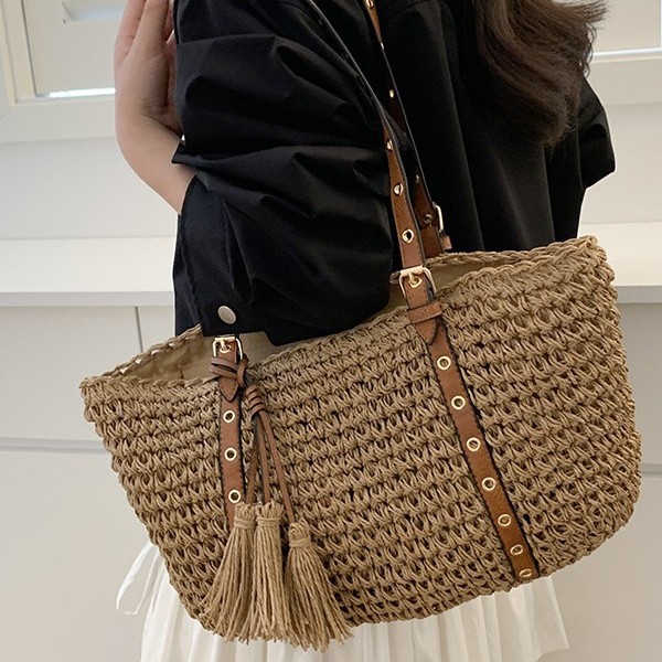 Solid-color, simple hand-woven bag, paper rope, tassel, crochet and sparkling single-shoulder bag, casual, fashionable, business and commuting women's bag Specification drawing