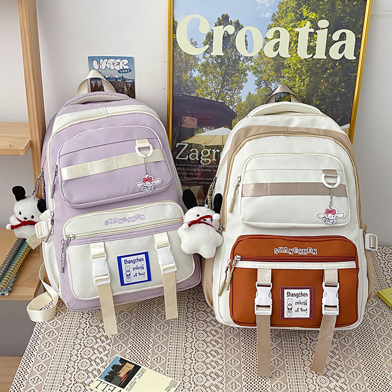 New cross-border large-capacity backpack for primary school students, casual and fashionable color-block backpack, Korean version for female high school and junior high school students Specification drawing