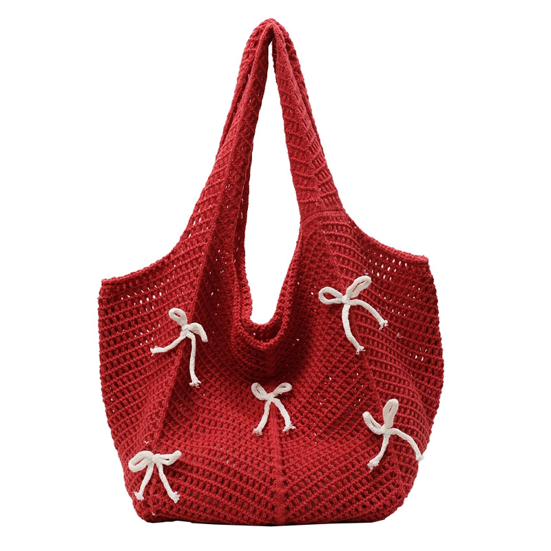 Fashionable bow hollowed-out woven bag, mesh bag for women, large-capacity single-shoulder vacation beach bag, lightweight fabric commuting bag Item Picture