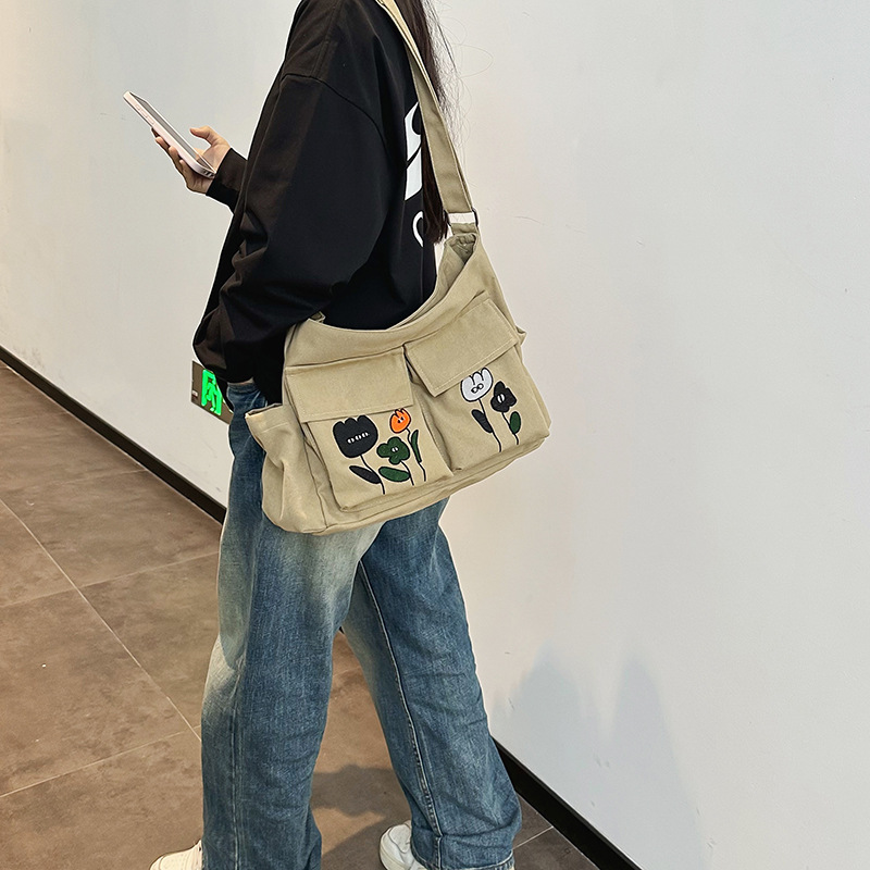Canvas crossbody bag for women, large-capacity tote bag for college students' commuting to class, 2024 new style, casual and versatile single-shoulder bag details Picture