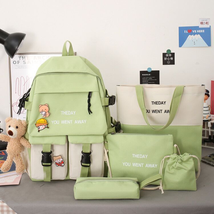 New Korean ins five-piece schoolbag set for campus, girls' color-blocked middle school schoolbag, fashionable student backpack Specification drawing