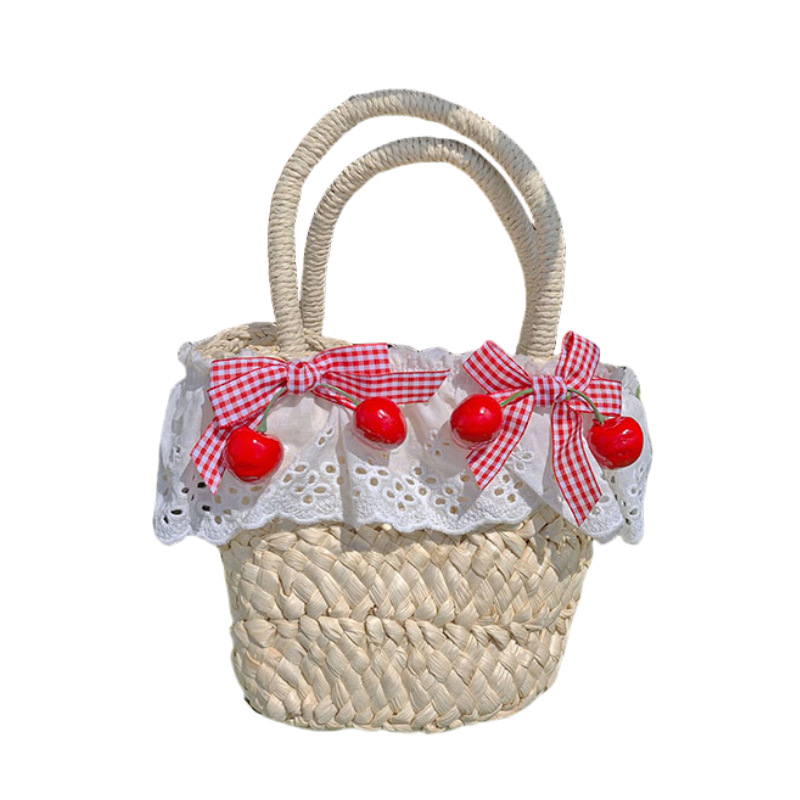 Summer's new straw-woven girl's bag, bow lace flower forest-themed vegetable basket, sweet family outing beach bag Item Picture