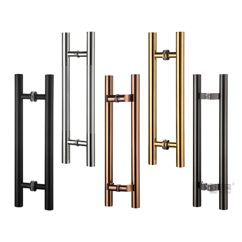 Glass door handle, round tube, stainless steel, horse tellurium, middle sand matte black, titanium gold, rose gold, office door handle Item Picture