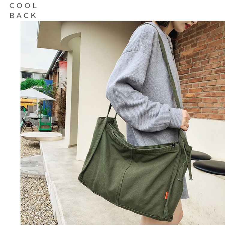 Washed canvas bag for women, Japanese-style simple large-capacity crossbody bag, laid-back style college student class bag, single-shoulder bag for women full figure