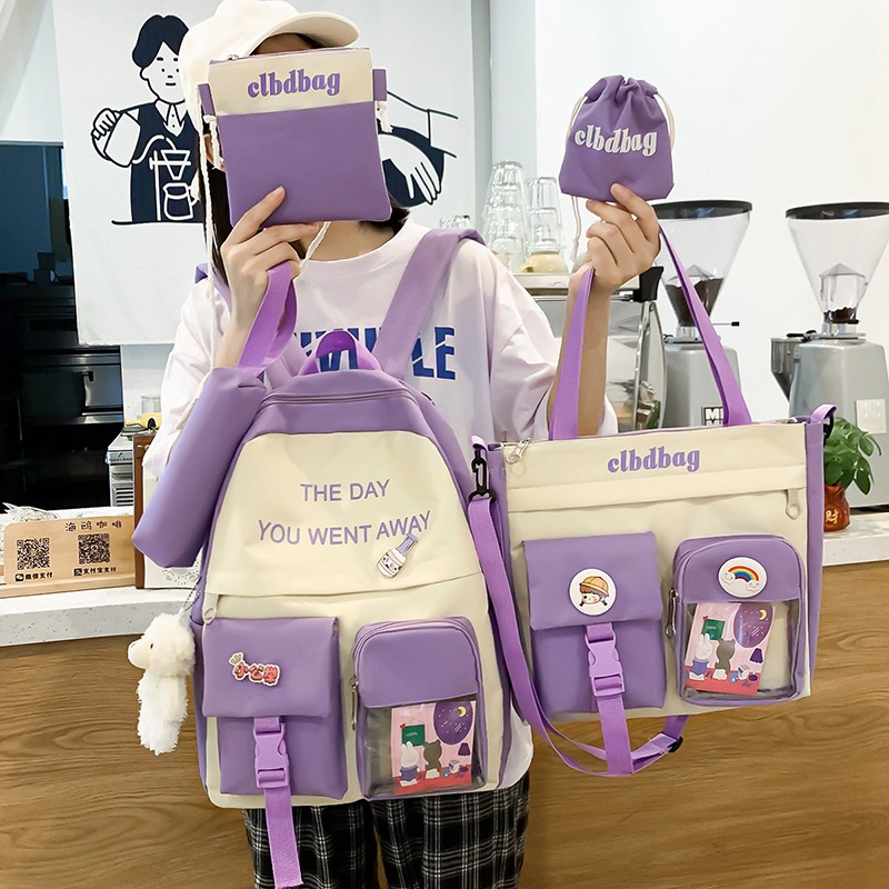 High school boys and girls' large-capacity schoolbag 2024 New Korean version ins junior high school style five-piece backpack set full figure