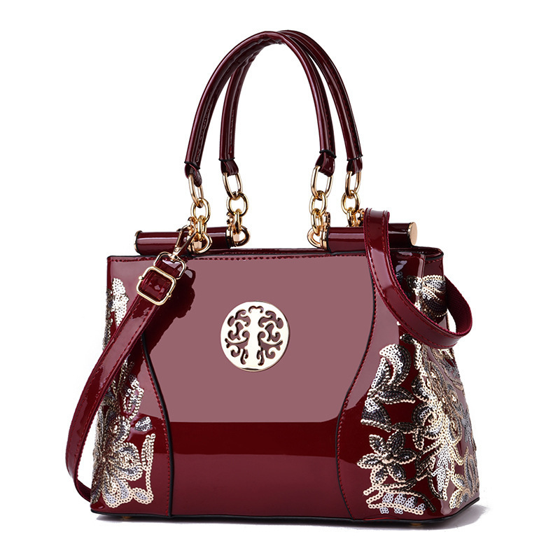 Chinese-style embroidered women's patent leather bag 2022 new single-shoulder large-capacity handbag, cross-border export shiny leather women's bag full figure