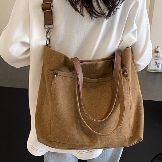 Japanese-style simple canvas bag, women's casual and artistic large-capacity tote bag, college student commuting single-shoulder crossbody bag full figure