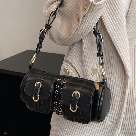 Korean style trendy and versatile single-shoulder bag for women 2025 new simple and retro pillow bag, niche cylindrical fashionable crossbody bag details Picture