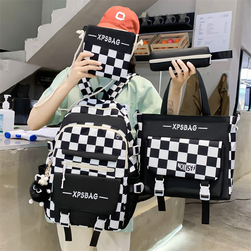 Wholesale of four-piece sets of cross-border Korean version casual backpacks for middle school students, large capacity checkered simple backpacks Specification drawing