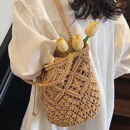 "Foreign trade Lazy style woven bag for Women 2025 New Trendy summer single-shoulder straw woven bag, beach vacation bucket bag. details Picture