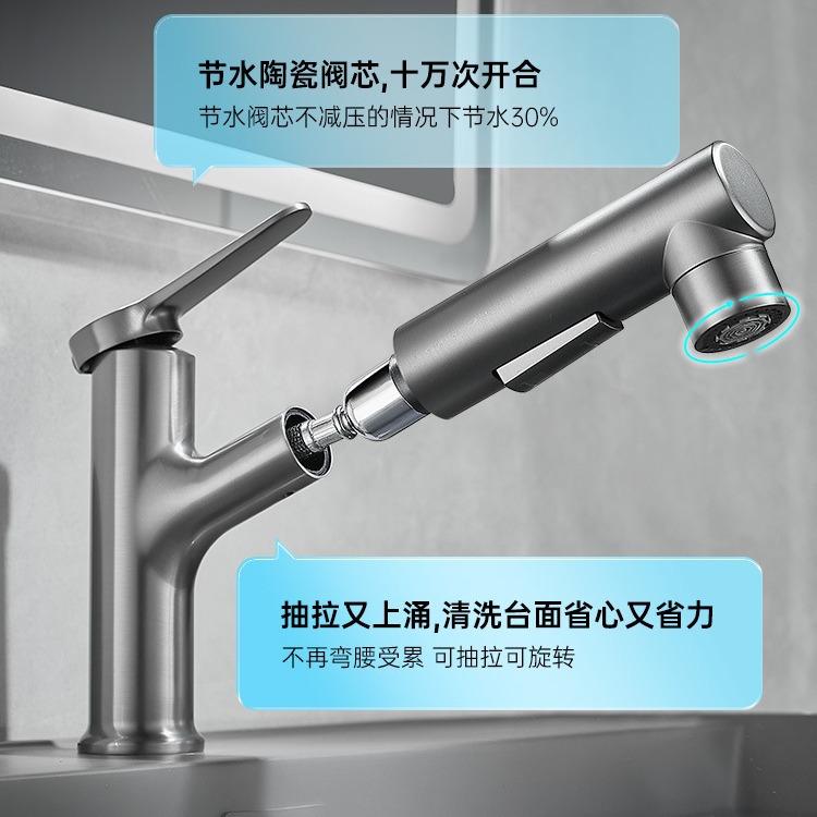 Brass pull-out washbasin faucet, bathroom washbasin, cold and hot water faucet, countertop basin, mouthwash, cold and hot water faucet details Picture