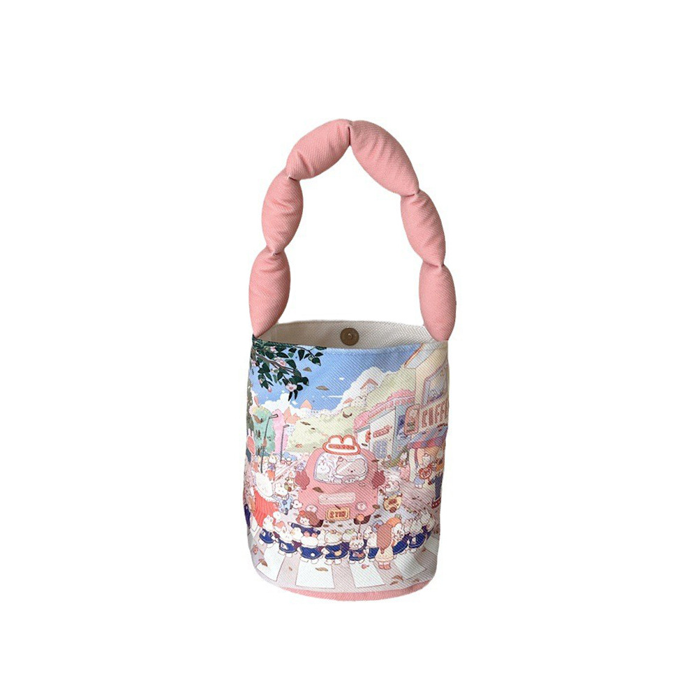 38102 Small bag for going out to work, light hand-held canvas bag, cartoon cute cotton-filled hand-held bag for female students Item Picture