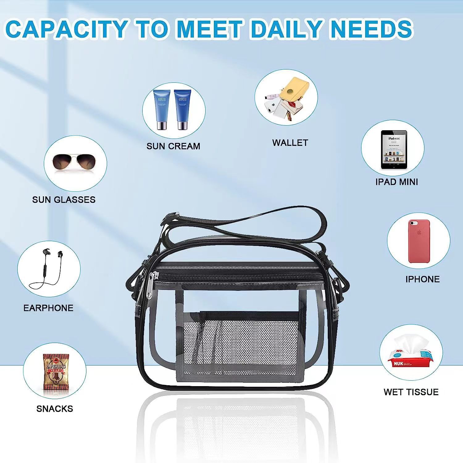 Detachable shoulder strap outdoor sports waterproof hand-held storage bag, transparent PVC crossbody bag, multi-functional, fashionable and simple Application Scenario
