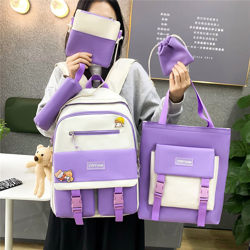 New five-piece schoolbag set for girls, Korean version, Harajuku color contrast large-capacity nylon middle school backpack, custom-made for cross-border production Specification drawing