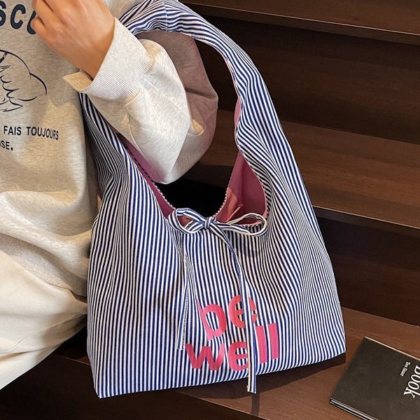 Large-capacity color-blocking striped double-sided canvas bag, 2025 new style color letter bow shopping bag, single-shoulder bag Specification drawing